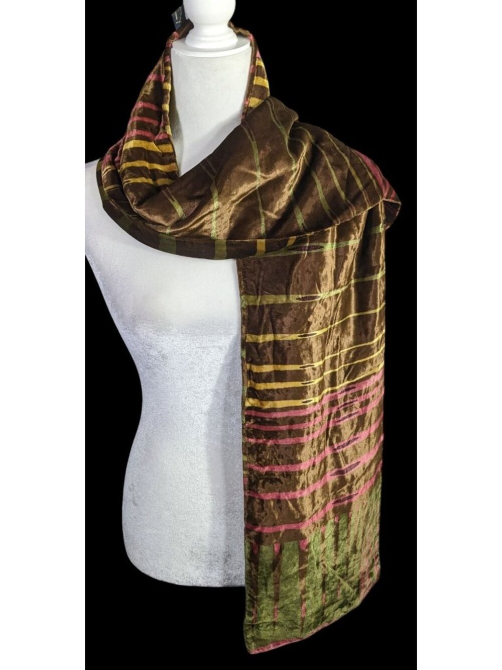 Vintage Georgina Von Etzdorf Velvet Scarf Made In England Striped Pattern Brown